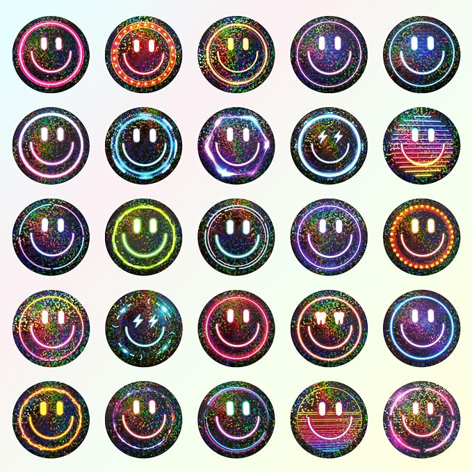 50PCS Smile Neon Stickers | Glitter, Waterproof, PVC Material