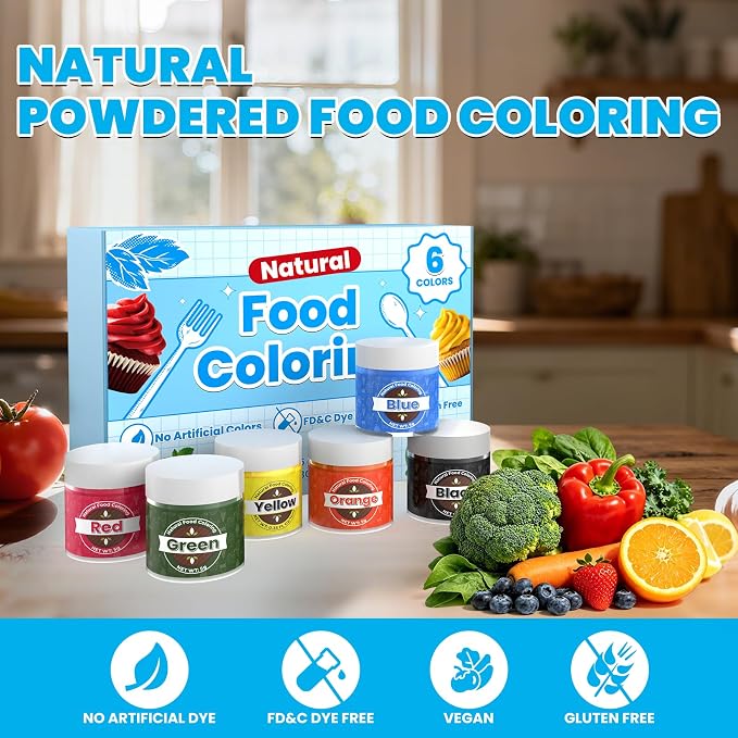 Natural Food Coloring, 6 Colors Powdered Food Coloring, FD&C & Artificial Dye Free Food Coloring for Frosting, Cake Decoration, Baking, Easter Eggs, Stable Color Performance, Bright Color, 5g/Bottle