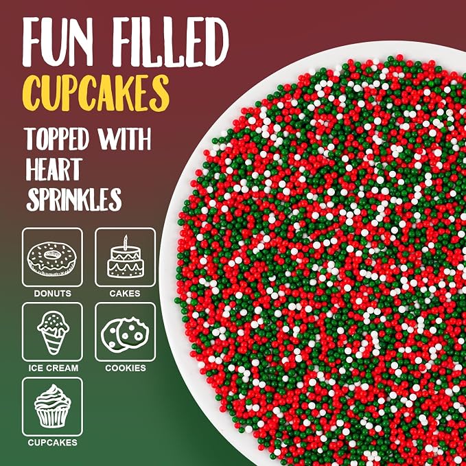 Christmas Sprinkles Bulk 16oz - Edible Red Green White Nonpareils Mini Pearls for Baking, Cookies, Cupcakes | Holiday Sprinkles Topper Decorations, Xmas Cake Decorating Supplies 1lb