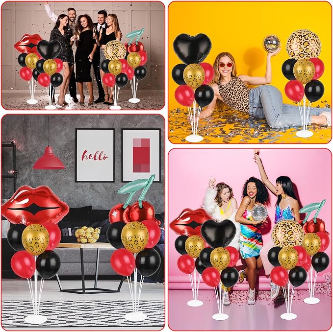 4 Sets Cheetah and Cherry Party Balloons Stand Kit with Black Red Cherry Leopard Print Foil Balloon Centerpiece for Tables Leopard Print Party Balloon for Girls Women Leopards Birthday Decorations