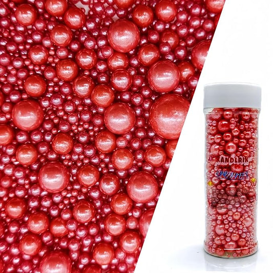 Edible Red Sugar Pearls Sprinkles Candy Mix Size Pearls Cake Decorations Cupcake Toppers Cookie Decorating Perfect for Wedding Party Valentine Halloween Christmas Supplies 4.58OZ