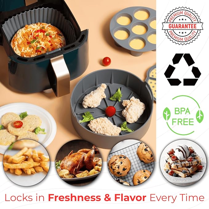 EM Set of 5 Silicone Air Fryer Liners with Egg Bite Mold, Waffle Mold & Mitts - 7.5” Round Reusable Silicone Inserts for 3-5 Qt Airfryers - Easy to Clean & Heat-Resistant Air Fryer Accessories Set