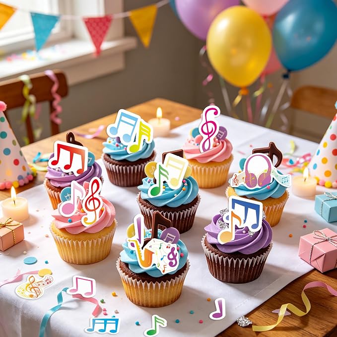 64PCS Edible Musical Notes Cupcake Toppers Wafer Paper Colorful Music Symbol Cake Picks Music Concert Cake Topper Edible Musical Cupcake Picks for Concert Theme Party Decor