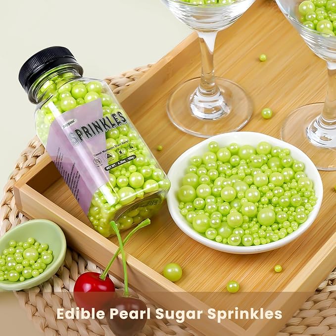 Edible Green Pearl Sprinkles, Sugar Pearl Sprinkles for Cake Decorating, 180g/6.35oz, Cupcake Toppers, Baking Cake Decorations, Cookies, Easter Wedding Party Holiday Supplies