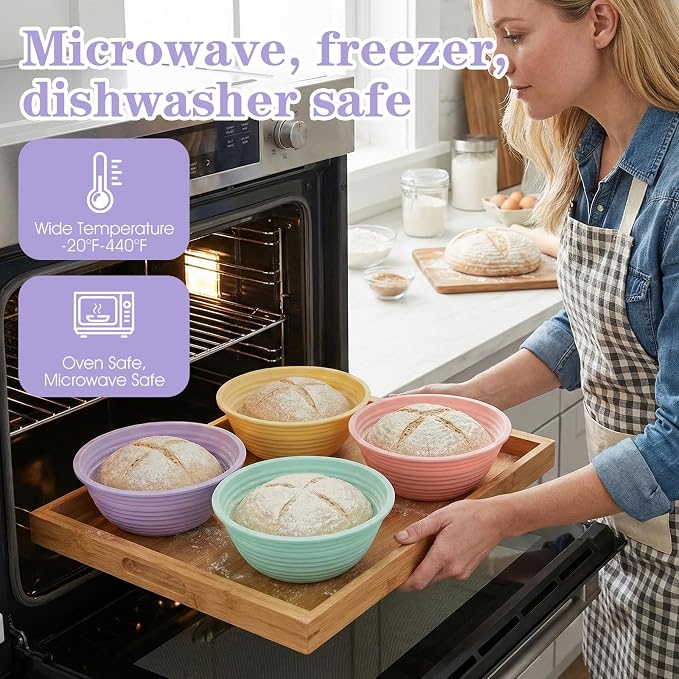 4Pcs Silicone Banneton Bread Proofing Baskets, 9 Inch Round Sourdough Foldable Non-Stick Dough Proofing Bowl Making-BPA Free Optimum Sourdough Bread Baking Supplies