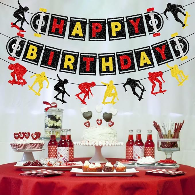 Zwiebeco Black Red Yellow Skateboard Happy Birthday Banner Bunting Hanging Paper Garland Party Decorations for Skater Boys Girls Kids Adults Sports Themed Bday Decor Accessories Supplies