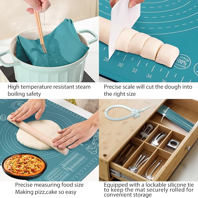 Silicone Pastry Mat 28" x 20" Extra Thick Non Stick Baking Mat with Measurements and Edge Heightening, Food Grade Silicone Rolling Mat for Pastry, Bread, Cookies, Pizza, Fondant, Pasta