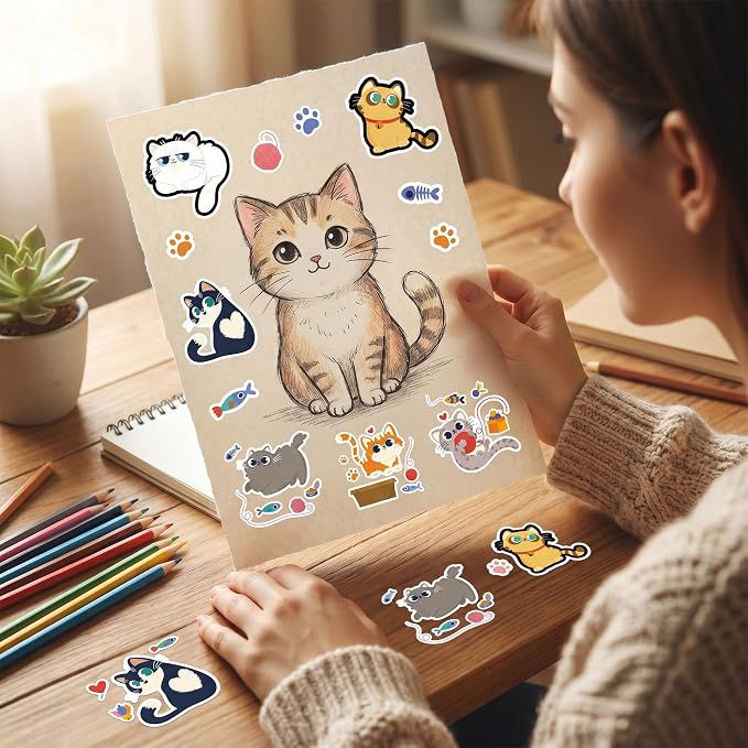 Cute Cat Stickers Roll - 300 Pcs Cartoon Cat Stickers, Fun Animals Sticker for Scrapbook Journal Water Bottle Laptop, Waterproof Decals for Women