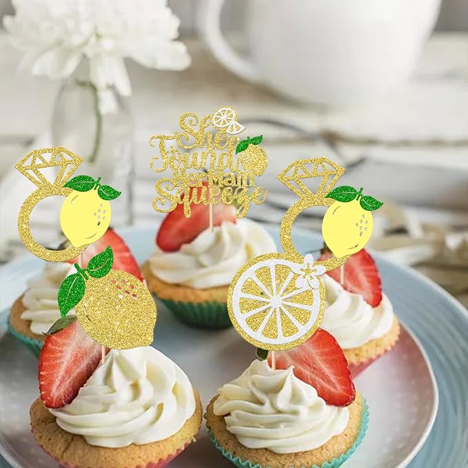 Rsstarxi 24 Pack She Found Her Main Squeeze Cupcake Toppers Diamond Ring Glitter Lemon Cupcake Picks for Bridal Shower Wedding Engagement Bachelorette Party Cake Decorations