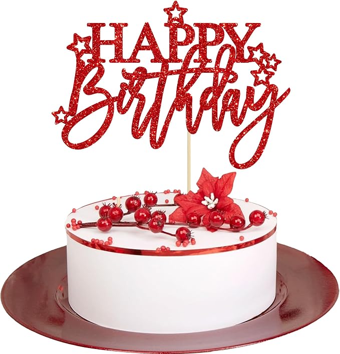 Gyufise 1Pcs Happy Birthday Cake Topper Glitter Happy Birthday Cake Pick for Celebrating Happy Birthday Anniversary Theme Party Cake Decorations Supplies Light Red