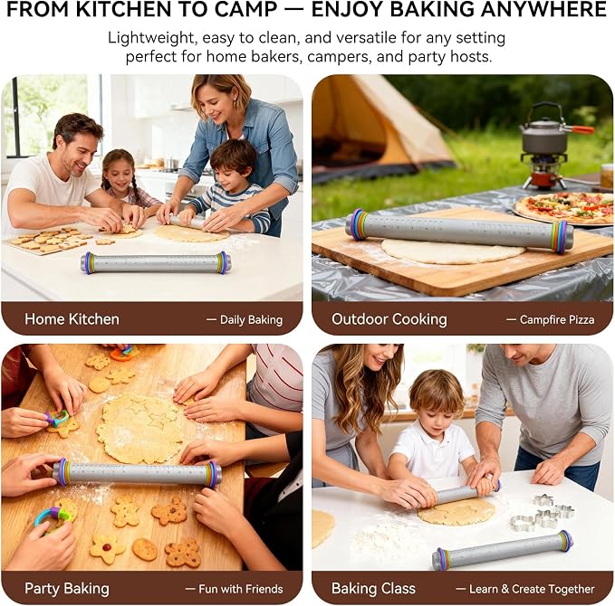 Adjustable Rolling Pin with Thickness Rings, Silicone Dough Roller | 4 thickness rings, Non-stick silicone surface, Stainless steel core, 12.8" rolling pin, For pizza pastry cookie baking