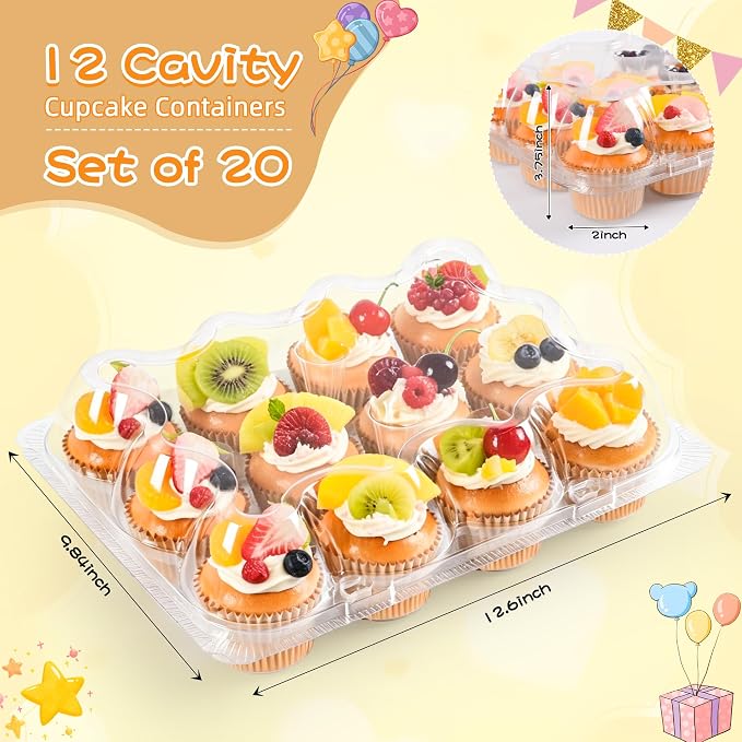 12 Pack x 20 Sets Plastic Cupcake Containers, Stackable Cupcake Boxes Holders with Tall Dome Lid, Disposable Clear Cupcake Carrier Trays for Bakery Transport