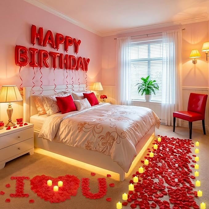 Red Happy Birthday Balloons Decorations Happy Birthday Letter Balloons Banner Set with 24pcs Round Flameless LED Candles and 2000pcs Artificial Rose Petals for Women Men Room Party Decor