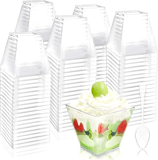 Jnnzzggu 100Pcs 3.5 oz Mini Dessert Cup with Spoons,Square Plastic Dessert Cups,Clear Parfait Appetizer Cup for Ice Cream,Birthday,Parties,Jellies,Nuts,DIY,Wedding
