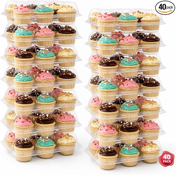 WIKDAY 6 Count Cupcake Containers with Lids, 40 Pack Stackable cupcake holders Clear Plastic Dessert Boxes for 240 Cupcakes, Muffins
