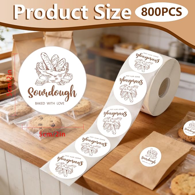 800 Pcs Sourdough Bread Stickers 2 Inch Baked with Love Label Stickers Round Bread Bag Sealing Stickers for Baked Goods Packaging Supplies