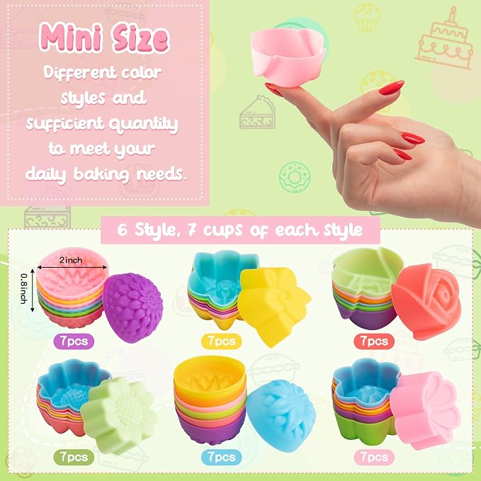 R HORSE 42Pcs Mini Size Silicone Molds, 2 x 0.8 inch Cupcake Multi Flower Shapes Baking Cups Non-Stick Donut Wrapper Mold Muffin Liners Washable for Pan Oven Microwave Dishwasher