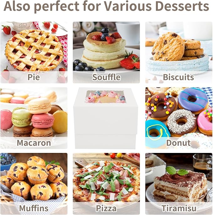 Moretoes Tall Cake Boxes 10x10x8 Inches with Window 10pcs Cajas Para Pasteles Cake Box 10 Inch for Donuts, Pie, Cookies, Valentine's Day, Mother's Day, Wedding, Birthday (White)