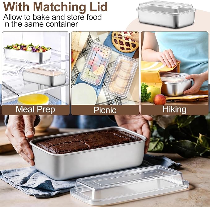 TeamFar Loaf Pans for Baking Bread, 9 x 5 Inch Stainless Steel Bread Loaf Pan with Lid, Meatloaf Pan Tin for Homemade Bread, Brownies, Meal Prep, Storage, Healthy & Dishwasher Safe - Set of 2