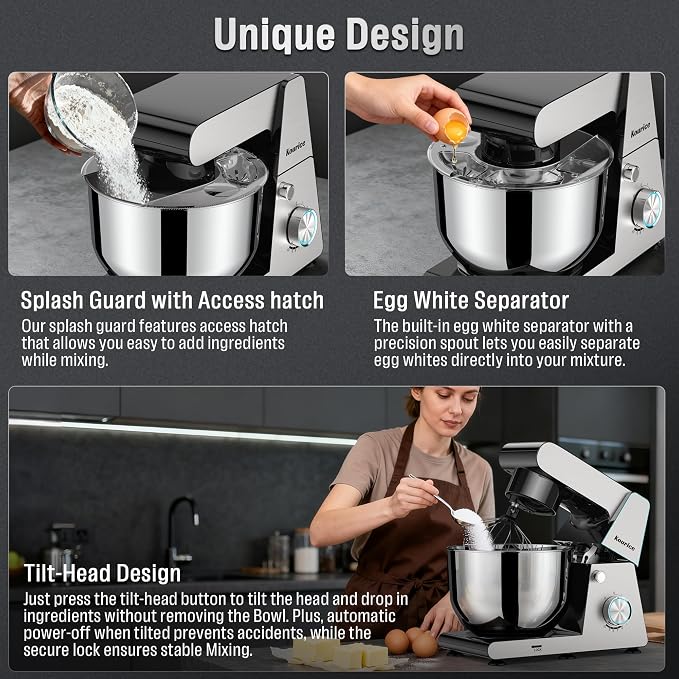 6.5QT Tilt-Head Stand Mixer, Heavy Duty Pro 10-Speed Electric Mixer, Stainless Steel Cladding & Bowl with Dough Hook, Wire Whisk and Flat Beater for Home Baking, Bread, Cake, Pizza Dough
