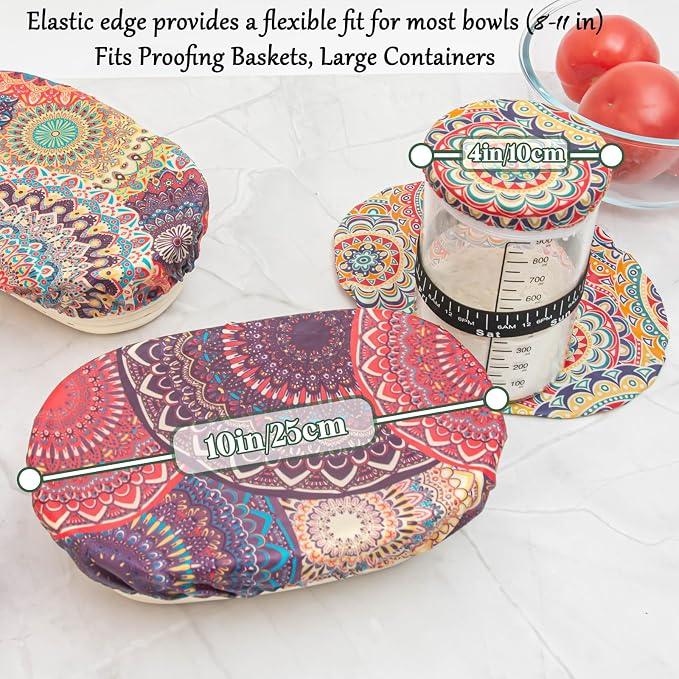 3Pack 10IN Oval Beeswax Bowl Covers with a 4IN Sourdough Jar lid,Reusable Bread Proofing Covers,100% Organic Cotton & Natural Beeswax,Elastic Cover for Sourdough for Dough Proofing & Food Storage