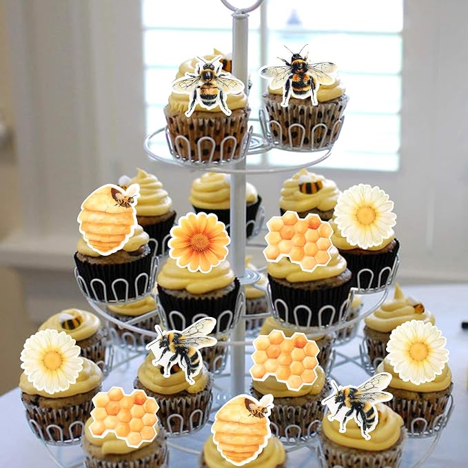 63 PCS Edible Bumble Bee Cupcake Toppers Honey Bee Daisy Cupcake Picks Edible Sunflower Oh Babee Cupcake Decorations for Bee Theme Baby Shower Kids Birthday Party Cake Food Decorations Supplies