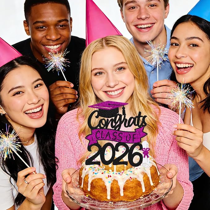 Congrats Class of 2026 Cake Topper Congrats Grad Cap Diploma Theme for High School Happy Graduation Party Supplies College Graduate Decoration (Purple)
