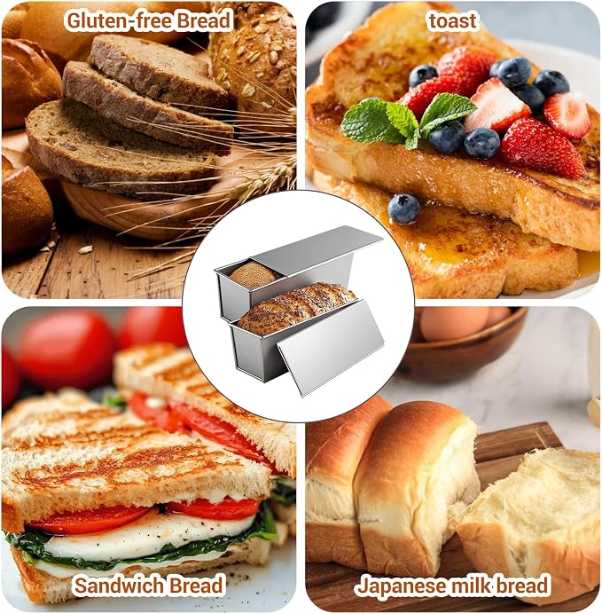 2 Pcs Pullman Loaf Pan with Lid, 13x4 Inch 2lb Dough Capacity Non-Stick Bread Baking Pan for Sandwich Bread, Toast, Sourdough and Homemade Baking, Silver