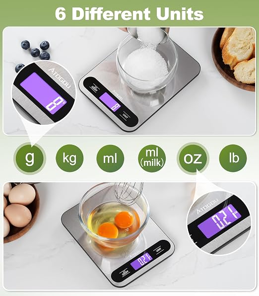 Atogou Food Scale, 33lb/ 15kg Digital Kitchen Scale with Full View LCD Display, Durable Stainless Steel Surface, for Cooking, Baking, Meal Prep Black