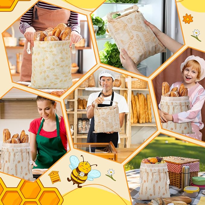Tallew 3 Pack Beeswax Bread Bags for Sourdough & Homemade Bread 17 x 13'' XL Reusable Organic Linen Beeswax Wraps with Sealing Zip for Fresh Food Storage Loaf Freezer Baker(Classic Style)