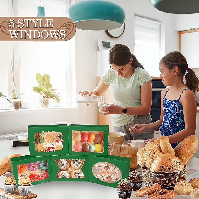 KPOSIYA 65 PCS 8x6x2.5 Inch Cookie Boxes with Window Green Bakery Boxes Pastry Boxes for Gift Giving, Treat, Dessert, Cupcakes, Chocolate, Strawberries, Donuts, Muffins (5 Style Windows)