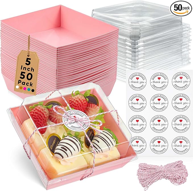Leafiew 50 Pack Small Clear Treat Boxes - Dessert Boxes To Go - 5Inch Disposable Paper Mini Containers for Cookie, Cake Slice, Charcuterie, Bakery, Pastry, Strawberry, Baked Goods Packaging (Pink)