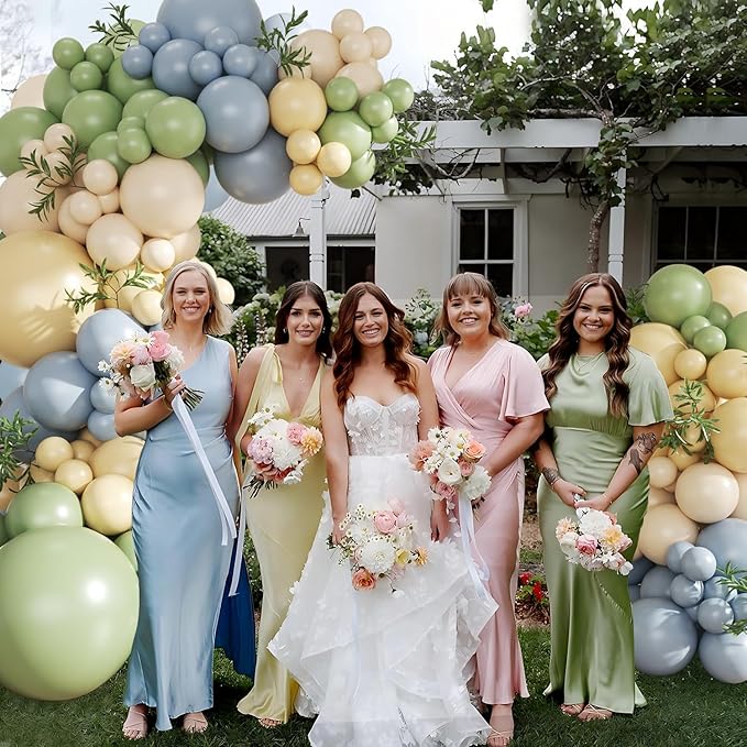 Sage Green Dusty Blue Yellow Pastel Balloon Arch Kit, 124Pcs Double Stuffed Yellow Green Dusty Blue Sand White Balloons for Baby Shower Wedding Bridal Birthday Gender Reveal Party Decorations