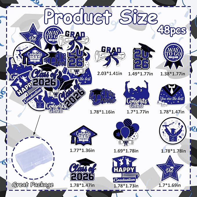 48pcs Edible 2026 Graduation Cupcake Toppers Wafer Paper Blue Class of 2026 Cake Decorations Edible Congrats Grad Cupcake Picks for 2026 Graduation Theme Party Cake Supplies