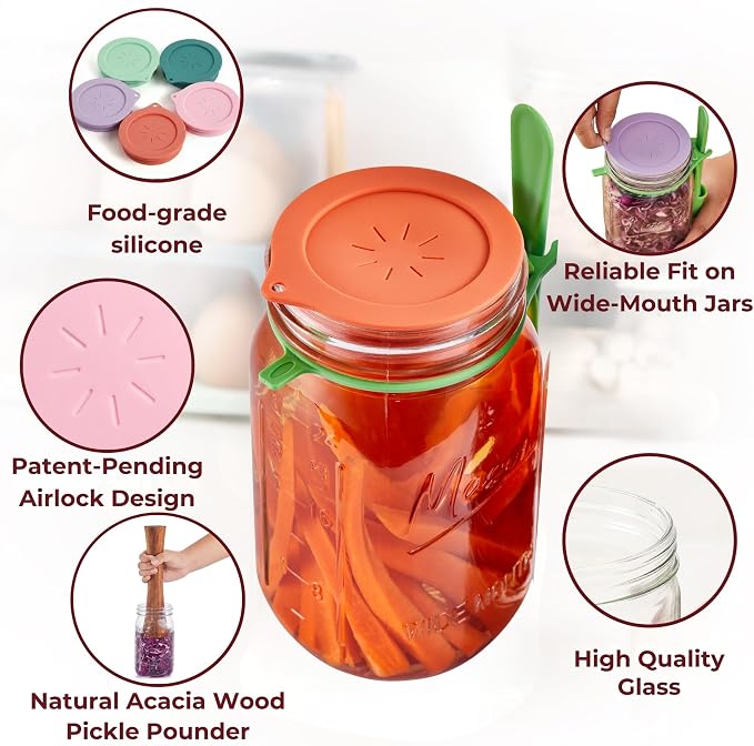 Master Fermentation Kit for Wide Mouth Mason Jar by The Amish Chef - Pickle Kit, Kimchi, Sauerkraut Making Kit - Fermentation Airlock Lids
