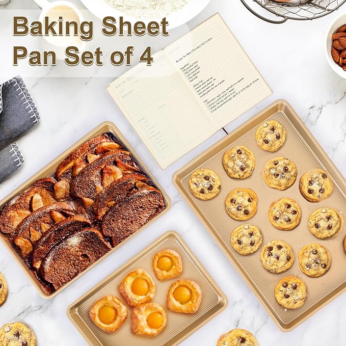 4 Pieces Baking Set | 3 Baking Pans & 1 Recipe Notebook Combo | Nonstick Cookie Sheets for Baking Supplies | No Rust & No Toxic Heavy Duty 3 Baking Trays 18''+15''+13'' & 1 Blank Recipe Book