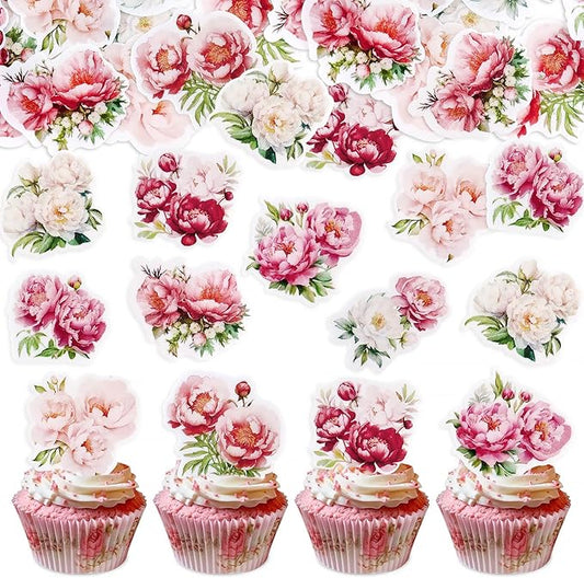 40Pcs Edible Peony Cupcake Toppers Peonies Flower Blossoms Cupcake Picks for Floral Mother's Day Bridal Shower Engagement Floral Wedding Girls Birthday Cupcake Decorations
