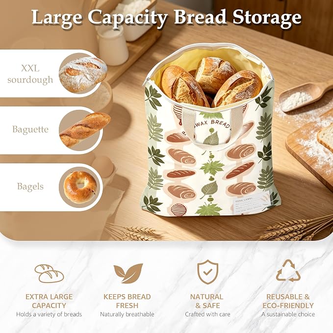 2 Pack Beeswax Bread Bags for Sourdough, 17x13 Inch Reusable Cotton Bread Storage Bags with Zipper and Handle Natural Beeswax Lining Freezer Friendly with 10 Food Labels Included (Bakery Leaves)