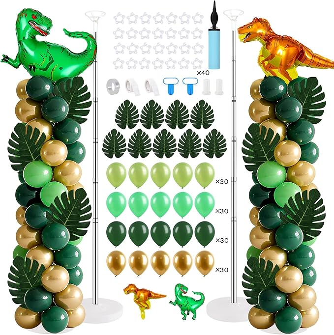 2 Sets Dinosaur Balloon Column Stand Kits Adjustable Green Gold Balloons Column Kit with Monstera Jungle Dinosaur Themed Tower Stand Kit for Dinosaurs Birthday Kids Baby Shower Party Supplies