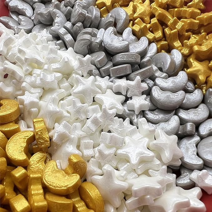 SE Si&Moos Moon and Star Sprinkles Edible Gold and White Star Sprinkles Gold and Silver Moon Cake Decoration Celestial Decorations for Party Baby Shower Birthday Holiday Supplies 3.5 OZ