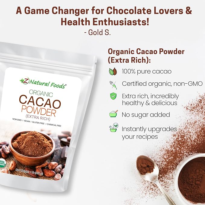 Z Natural Foods Organic Cacao Powder, Nutrition-Packed, Extra-Rich Dark Chocolate Flavor, Perfect for Chocolate Recipes, Shakes, or Smoothies, Non-GMO, Vegan, Gluten-Free, Kosher, 1 Lb