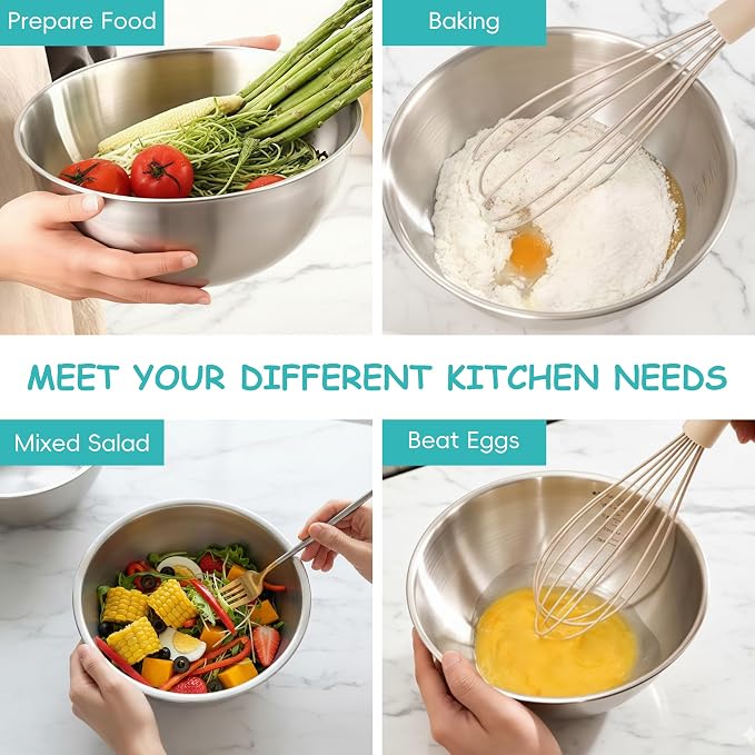 Stainless Steel Mixing Bowls Set of 3, 1.5/2.5/4 Qt Metal Mixing Bowl Set for Baking, Salad, Cooking & Meal Prep, Nesting Stainless Steel Bowls with Measurement Marks, Dishwasher Safe