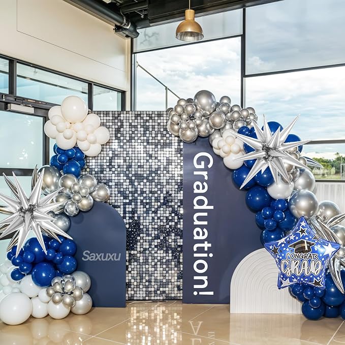 Blue Silver Graduation Balloon Arch, Blue Silver White Balloons Garland Kit, Star Foil Balloons Navy Metallic Blue Balloon For Graduation Birthday Anniversary Bachelorette Party Wedding Decorations