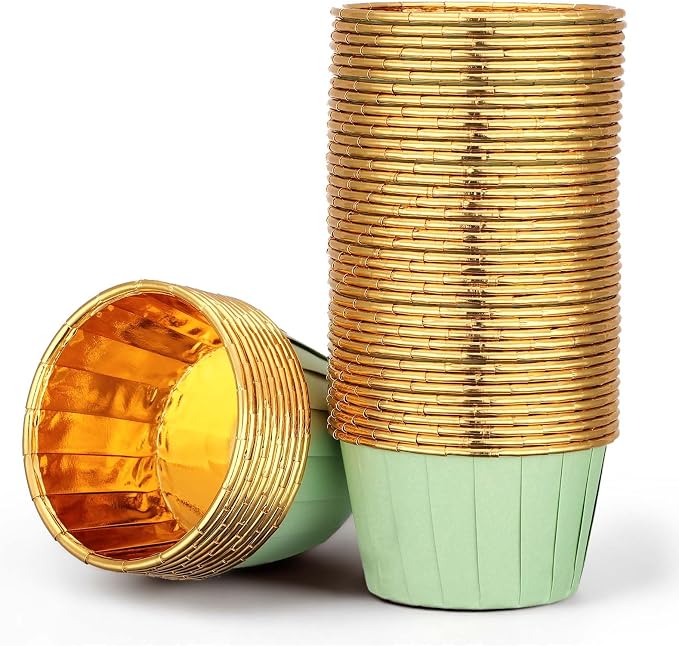 EUSOAR Cupcake Cups, 50pcs 3.5oz Muffin Cupcake Liners Disposable Ramekins, Aluminum Foil Wrappers Paper Dessert Containers Mini Cheesecakes Holders for Birthday Wedding Party-Light Green/Gold
