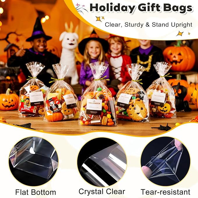 PigPotParty Cellophane Treat Bags 7x10 Inch, 100 Pack Clear Goodie Bags with Bottom Gusset for Stand-Up Display, Small Plastic Gift Wrap for Cookies, Candy, Party Favors, Popcorn, Includes 100 Ties