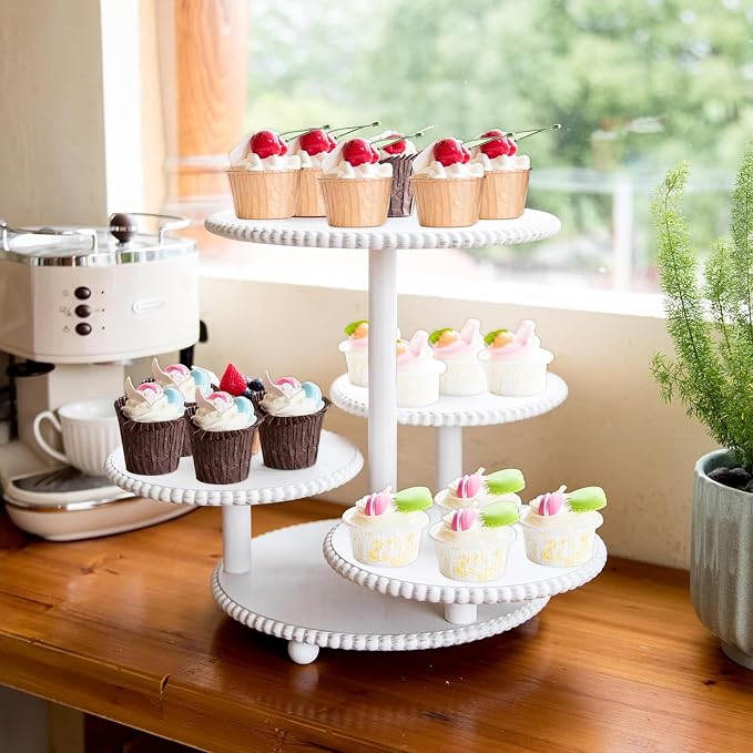 GENMOUS 2PCS 3 Tier and 4 Tier Beaded Cupcake Stand Set for Birthday Party Decor,Rustic Wooden Cupcake Tower Stands for 74 Cupcakes,White Cupcake Tiered Stand Display for Wedding Baby Shower Tea Party