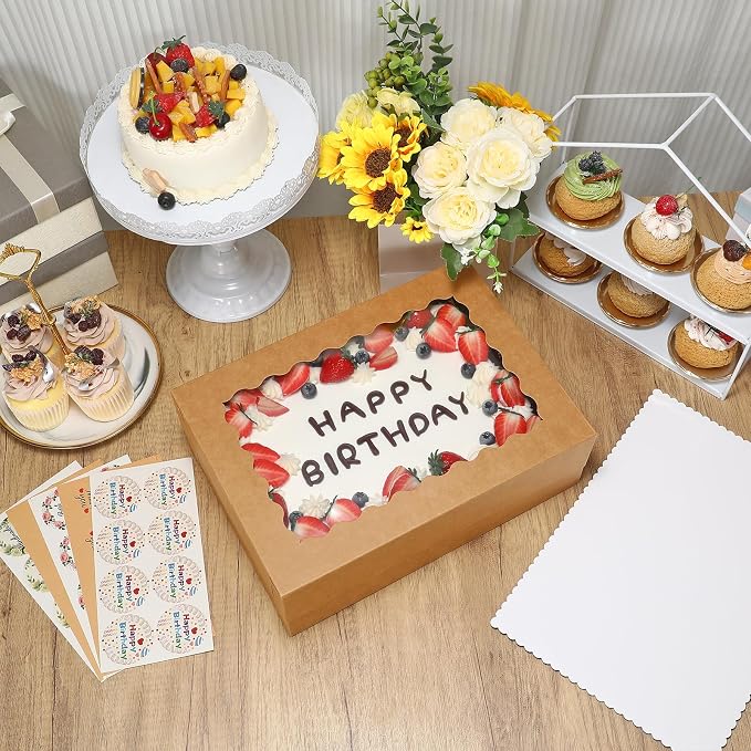 COTOPHER 14x10x4 In Sheet Cake Boxes, 16 Pcs Brown Bakery Boxes with Large Window (8 Boxes & 8 Boards), Cake Containers for Quarter Cakes, Donuts, Cupcakes, Brownie, Pastry & Pies Packaging