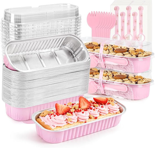 Mini Cake Pans with Lids, 100 Pack Pink 6.8oz for Picnic Desserts | Use for mini cheesecakes, brownies, puddings and bakery samples; simple structure is easy to understand at a glance.