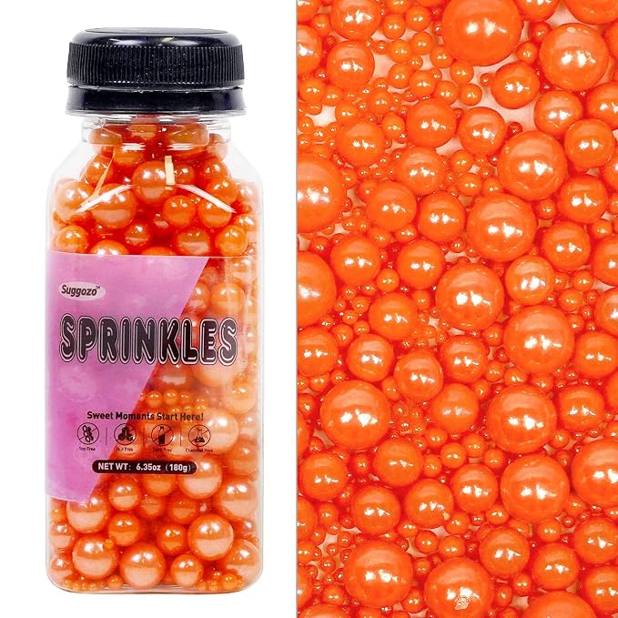 Edible Orange Sprinkles for Cake Decorating, Edible Pearl Sugar Sprinkles, Cake Cookie Decorations, Cupcake Ice Cream Toppings, Wedding Party Halloween Supplies, 180g/6.35oz Mix Size