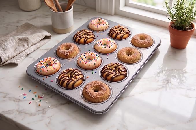 Fox Run Non-Stick Mini Donut Pan, 12-Cavity Mini Donut Mold, Makes 2" Bite Sized Donuts